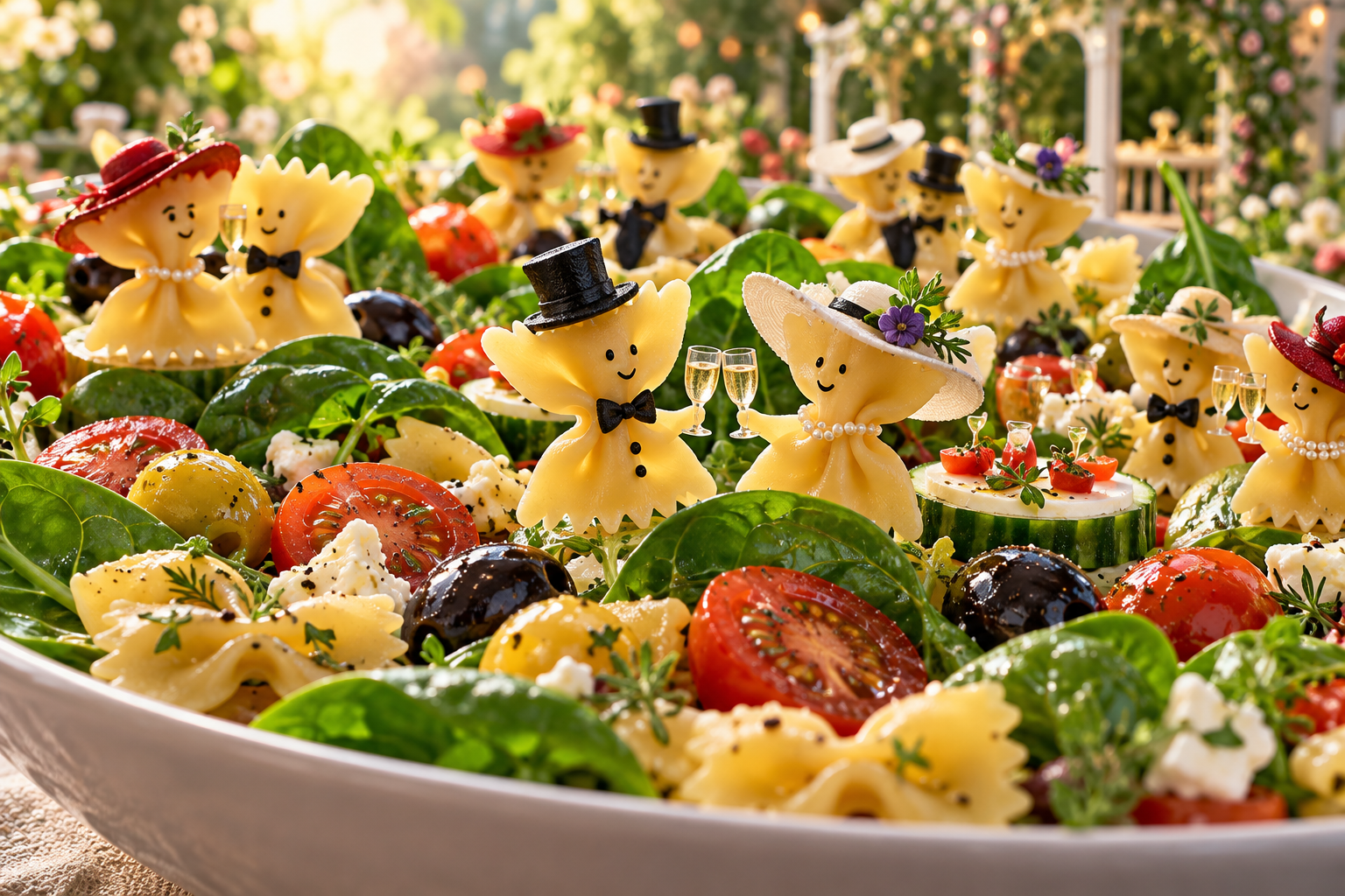Bow-tie pasta and vegetables attend a garden party.