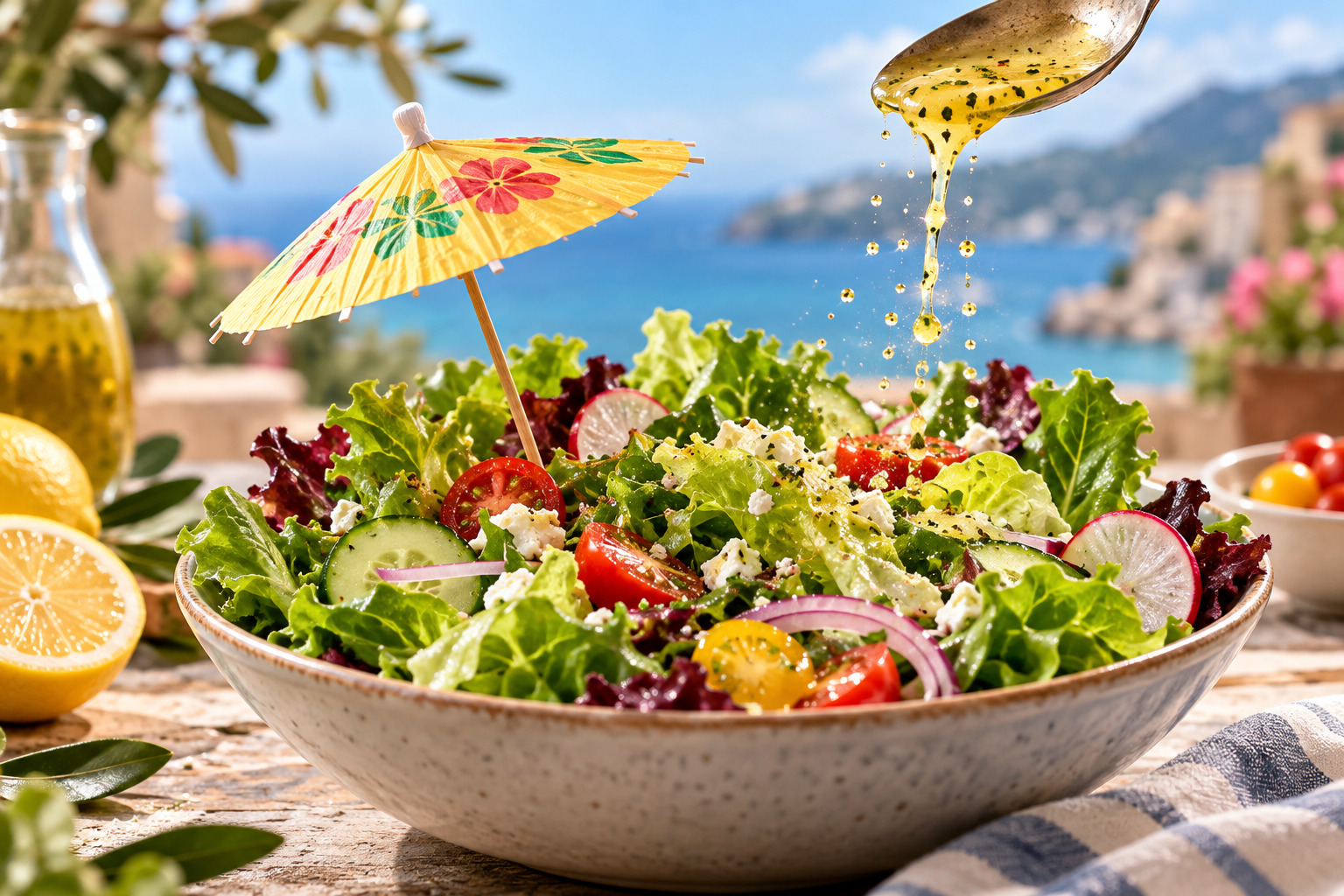 A salad gets a bright lemon dressing shower.
